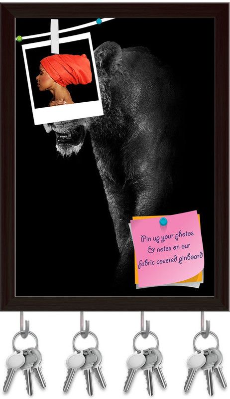 Artzfolio Lion D3 Pinboard with Key Holder Hooks Dark Brown Frame 10x13.6inch (25x35cms) Cork Bulletin Board  (Multicolor 10 x 13.6 inch (25 x 35 cms))