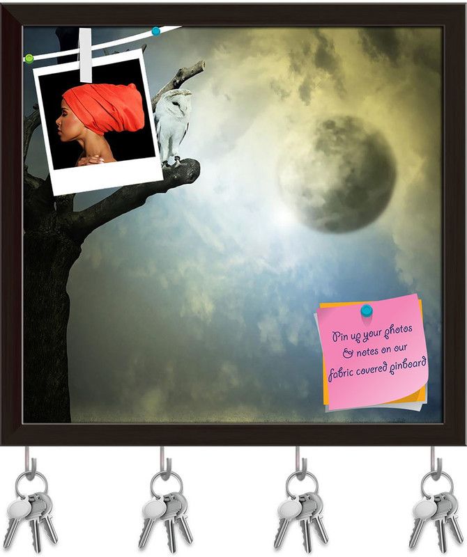 Artzfolio Barn Owl On A Tree Pinboard with Key Holder Hooks Dark Brown Frame 8.4x8inch Cork Bulletin Board  (Multicolor 8.4 x 8 inch (21 x 20 cms))