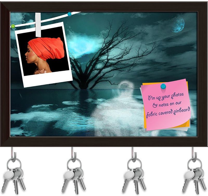 Artzfolio Ghostlike Figures Pinboard with Key Holder Hooks Dark Brown Frame 8.5x6inch Cork Bulletin Board  (Multicolor 8.5 x 6 inch (22 x 15 cms))
