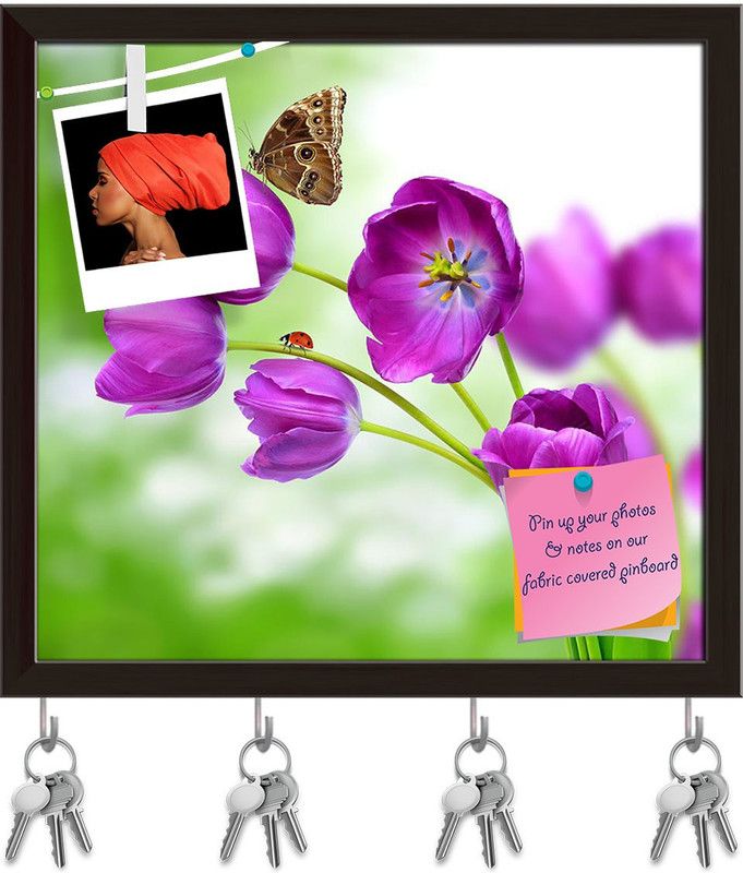 Artzfolio Fresh Purple Tulips With Butterfly Morpho Pinboard Key Hook Dark Brown17.2x16in Cork Bulletin Board  (Multicolor 17.2 x 16 inch (44 x 41 cms))