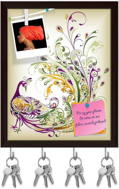Artzfolio Peacock Pinboard with Key Holder Hooks Dark Brown Frame 6x7.4inch (15x19cms) Cork Bulletin Board  (Multicolor 6 x 7.4 inch (15 x 19 cms))