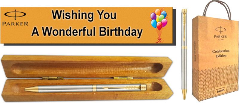 PARKER Folio Stainless Steel Ball PEN GOLD TRIM With Wooden Birthday Gift Box & GiftBag Ball Pen  (Blue)