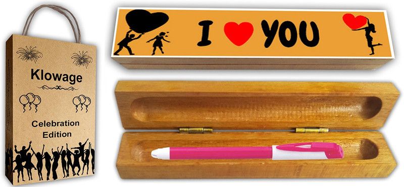 Klowage Sprial Pink Ball Pen With Wooden I Love You Wishing Gift Box and Gift Bag Ball Pen  (Blue)