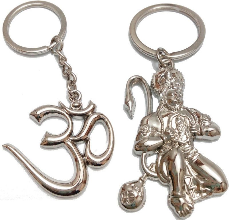kd collections KD623 - Combo of Om Keychain Metal & Bajrangbali Hanuman Keychain Metal - Silver Color - Pack of 2 Keychains Key Chain