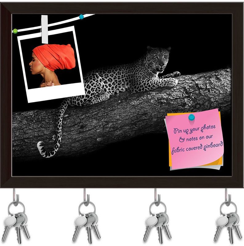 Artzfolio Leopard In A Tree Pinboard with Key Holder Hooks Dark Brown Frame 13.2x10inch Cork Bulletin Board  (Multicolor 13.2 x 10 inch (34 x 25 cms))