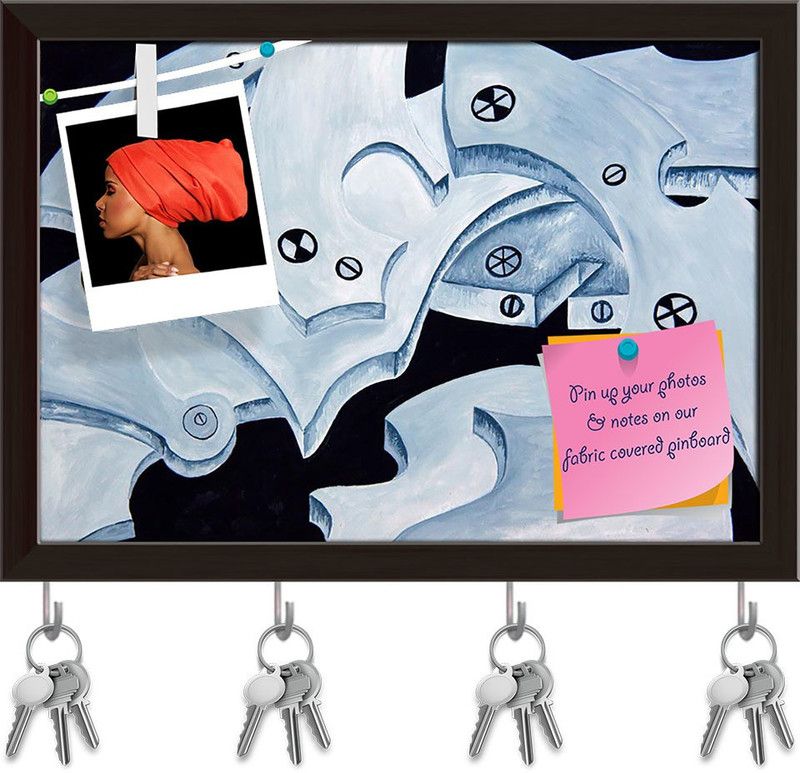 Artzfolio Abstract Art D26 Pinboard with Key Holder Hooks Dark Brown Frame 11x8inch Cork Bulletin Board  (Multicolor 11 x 8 inch (28 x 20 cms))