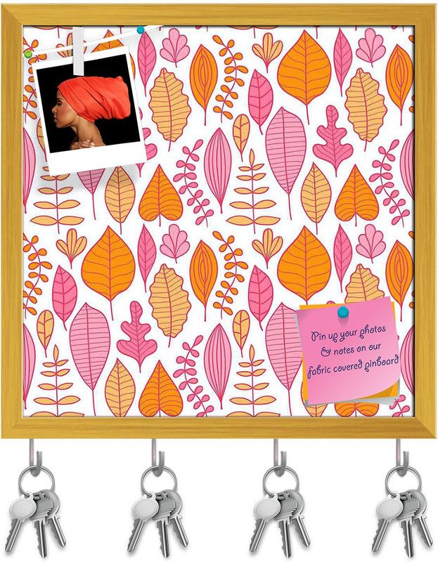 Artzfolio Leaf Art Pin Board with Key Holder Hooks Golden Frame 20x20inch (51x51cms) Cork Bulletin Board  (Multicolor 20 x 20 inch (51 x 51 cms))