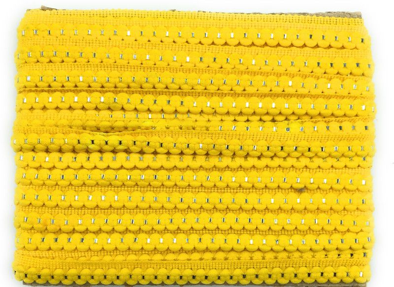 Kavmart KAV3036-YELLOW New Style Pom Pom Silver Line Lace/Braids for saree dupatta, suit,kurti,packing Decoration(8 Meters) (Yellow) Lace Embridery Border Lace Reel  (Pack of 1)