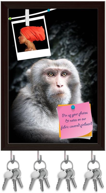 Artzfolio Monkey With Gray Fur Pinboard with Key Holder Hooks Dark Brown Frame 10x14.5inch Cork Bulletin Board  (Multicolor 10 x 14.5 inch (25 x 37 cms))