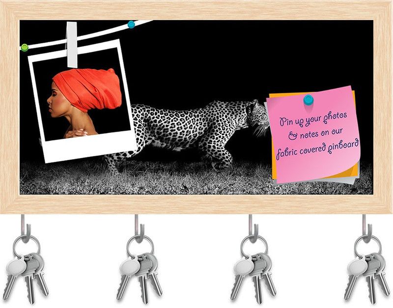 Artzfolio Wild African Leopard Pinboard with Key Holders Natural Brown Frame19.2x10inch Cork Bulletin Board  (Multicolor 19.2 x 10 inch (49 x 25 cms))