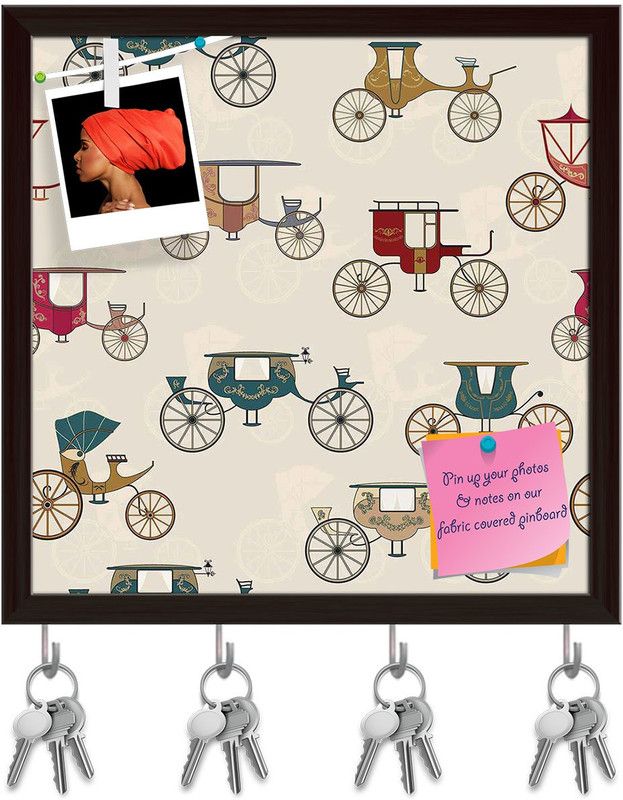 Artzfolio Antique Carriages Pinboard with Key Holder Hooks Dark Brown Frame 8x8inch Cork Bulletin Board  (Multicolor 8 x 8 inch (20 x 20 cms))