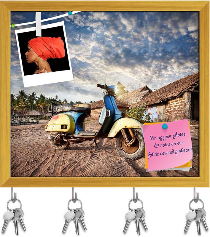 Artzfolio Old Retro Scooter On The Sandy Beach Pinboard & Key Hooks Golden Frame 18x16inch Cork Bulletin Board  (Multicolor 18 x 16 inch (46 x 41 cms))