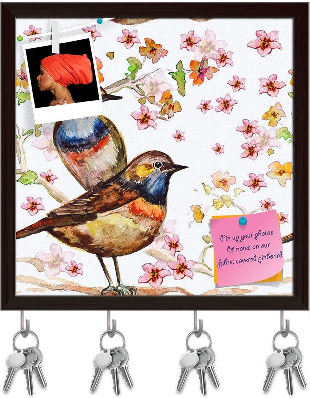 Artzfolio Birds D3 Pinboard with Key Holder Hooks Dark Brown Frame 16x16inch (41x41cms) Cork Bulletin Board  (Multicolor 16 x 16 inch (41 x 41 cms))