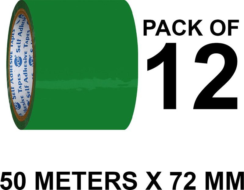 VCR Green Color Tape - 50 Meters in Length - 72mm / 3" Width - 12 Rolls Per Pack Handheld Color Packaging Tape (Manual)  (Set of 12, Green)