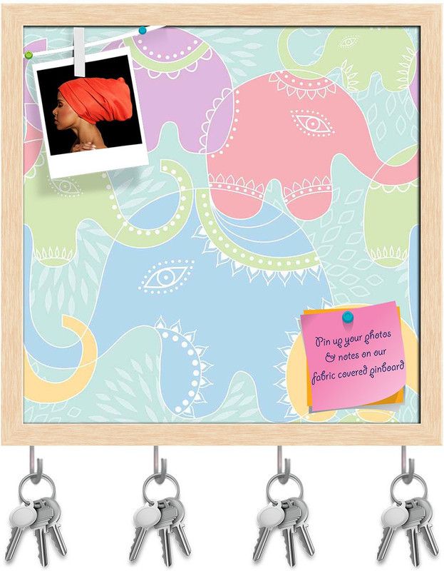 Artzfolio Elephants D1 Pinboard with Key Holder Hooks Natural Brown Frame 20x20inch Cork Bulletin Board  (Multicolor 20 x 20 inch (51 x 51 cms))