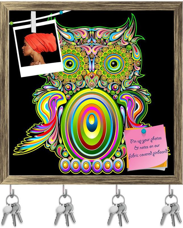 Artzfolio Owl Psychedelic Pop Art Design Pinboard & Key Hooks Antique Golden 20x20inch Cork Bulletin Board  (Multicolor 20 x 20 inch (51 x 51 cms))