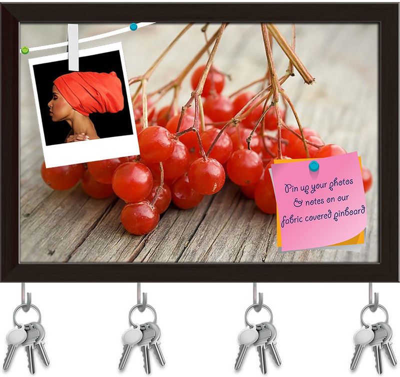 Artzfolio Photo of Red Berries Pinboard with Key Holder Hooks Dark Brown Frame 11.5x8inch Cork Bulletin Board  (Multicolor 11.5 x 8 inch (29 x 20 cms))