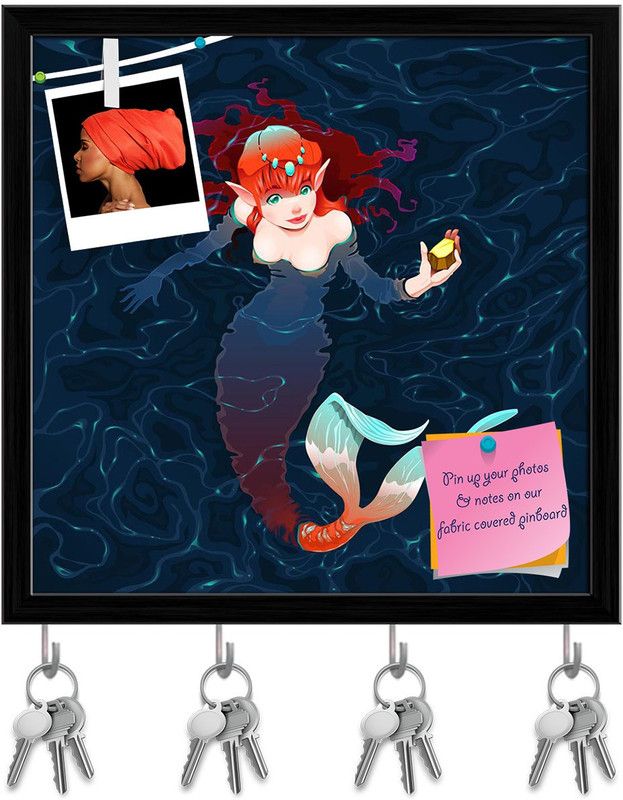 Artzfolio Mermaid In The Water Pinboard with Key Holder Hooks Black Frame 20x20inch Cork Bulletin Board  (Multicolor 20 x 20 inch (51 x 51 cms))