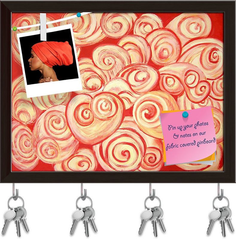 Artzfolio Valentine Day Pattern Pinboard with Key Holder Hooks Dark Brown Frame 10.3x8inch Cork Bulletin Board  (Multicolor 10.3 x 8 inch (26 x 20 cms))