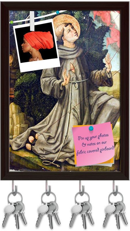 Artzfolio St Francis Pinboard with Key Holder Hooks Dark Brown Frame 8x11.1inch (20x28cms) Cork Bulletin Board  (Multicolor 8 x 11.1 inch (20 x 28 cms))