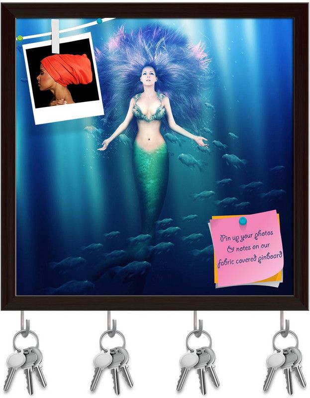 Artzfolio Mermaid With Fish Tail D1 Pinboard with Key Holders Dark Brown Frame20x20inch Cork Bulletin Board  (Multicolor 20 x 20 inch (51 x 51 cms))