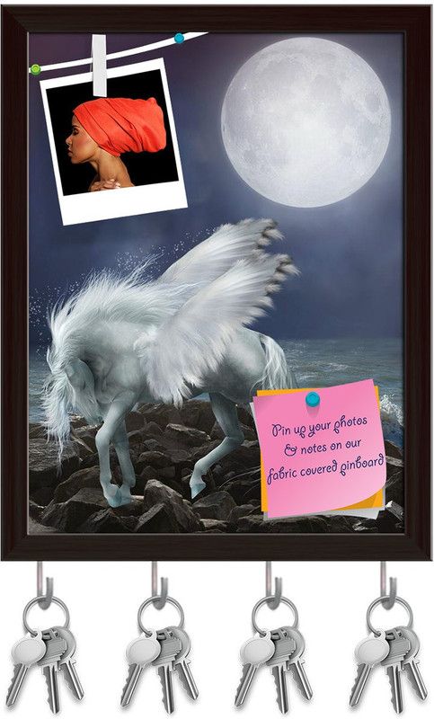 Artzfolio White Pegasus Pinboard with Key Holder Hooks Dark Brown Frame 6x7.7inch Cork Bulletin Board  (Multicolor 6 x 7.7 inch (15 x 20 cms))