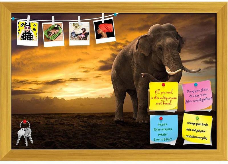 Artzfolio Elephant Walking Outdoor On Sunset Notice Pin Board Golden Frame 17.6x12inch Cork Bulletin Board  (Multicolor 17.6 x 12 inch (45 x 30 cms))