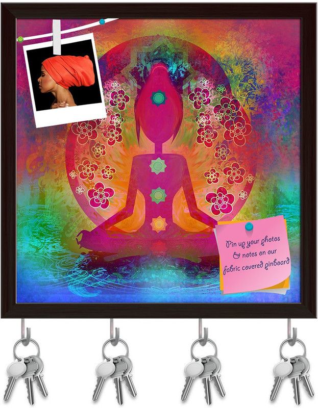 Artzfolio Yoga Lotus Pose D2 Pinboard with Key Holder Hooks Dark Brown Frame 8x8inch Cork Bulletin Board  (Multicolor 8 x 8 inch (20 x 20 cms))
