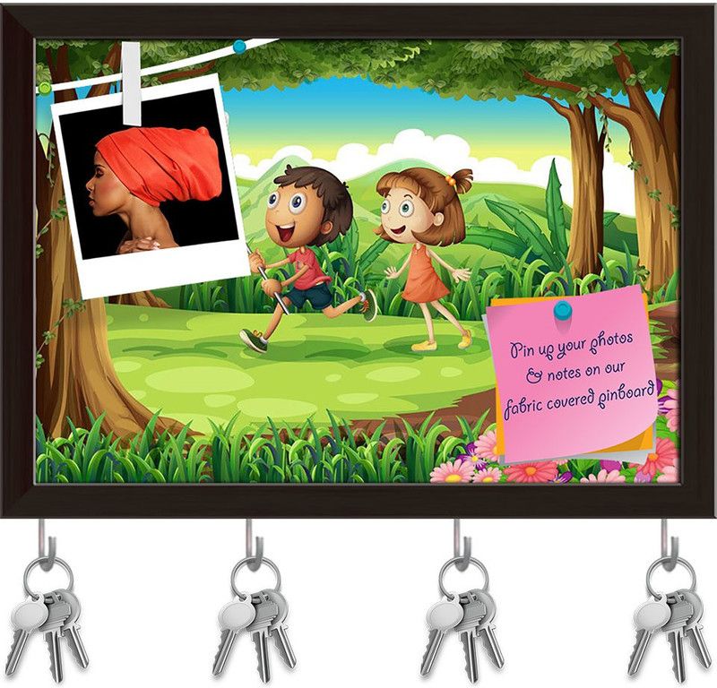 Artzfolio Kids Playing At The Woods Pinboard with Key Holders Dark Brown Frame14.1x10inch Cork Bulletin Board  (Multicolor 14.1 x 10 inch (36 x 25 cms))