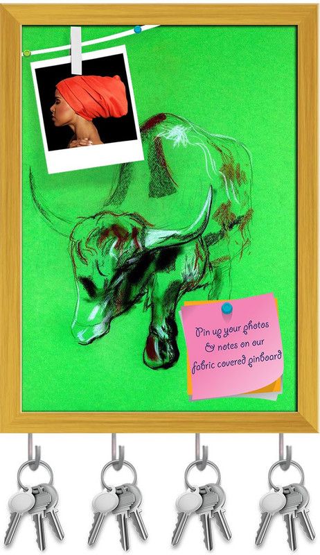 Artzfolio Buffalo Pin Board with Key Holder Hooks Golden Frame 12x16.4inch (30x42cms) Cork Bulletin Board  (Multicolor 12 x 16.4 inch (30 x 42 cms))