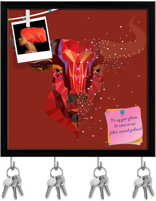Artzfolio Red Bull Head With Geometric Pattern Pinboard & Key Hooks Black Frame 8x8inch Cork Bulletin Board  (Multicolor 8 x 8 inch (20 x 20 cms))