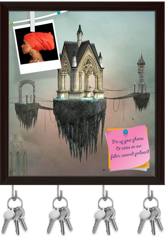 Artzfolio Fantasy Village D1 Pinboard with Key Holder Hooks Dark Brown Frame 16x17.9inch Cork Bulletin Board  (Multicolor 16 x 17.9 inch (41 x 45 cms))