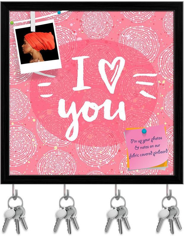 Artzfolio I Love You Notice Pin Board with Key Holder Hooks Black Frame 8x8inch (20x20cms) Cork Bulletin Board  (Multicolor 8 x 8 inch (20 x 20 cms))