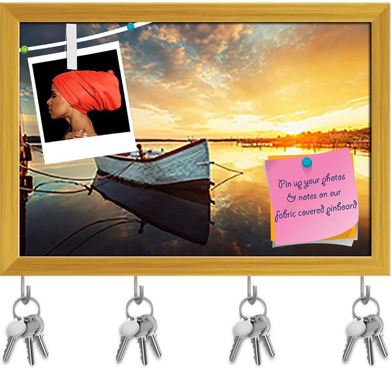 Artzfolio Boat On Lake Pin Board with Key Holder Hooks Golden Frame 8.5x6inch (22x15cms) Cork Bulletin Board  (Multicolor 8.5 x 6 inch (22 x 15 cms))