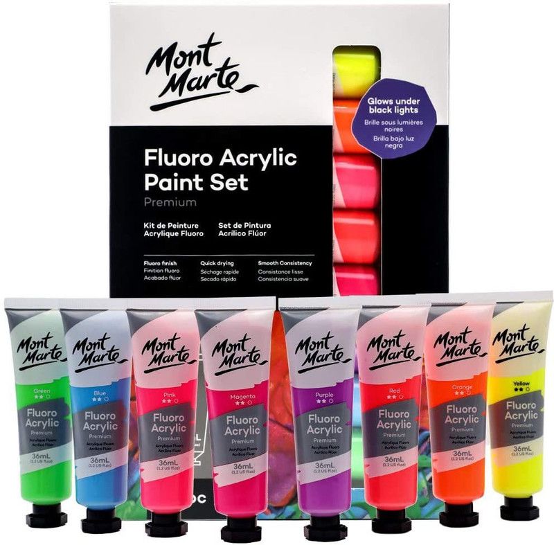 Levin Fluoro Acrylic Paint Set, 8pc x36ml Tubes, 8 Colors, Suitable for Most Surfaces Including Canvas, Card, Paper and Wood  (Set of 8, Multicolor)