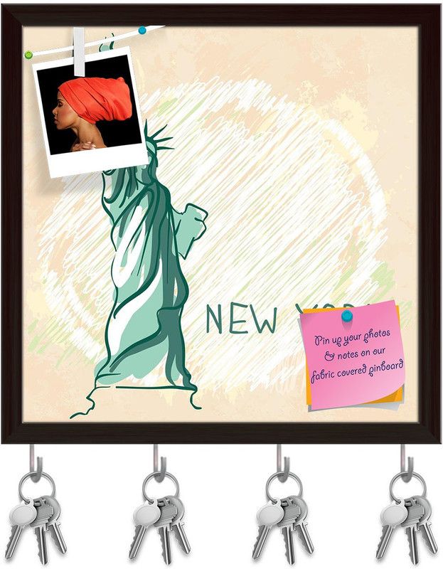 Artzfolio Liberty New York Usa Pinboard with Key Holder Hooks Dark Brown Frame 20x20inch Cork Bulletin Board  (Multicolor 20 x 20 inch (51 x 51 cms))