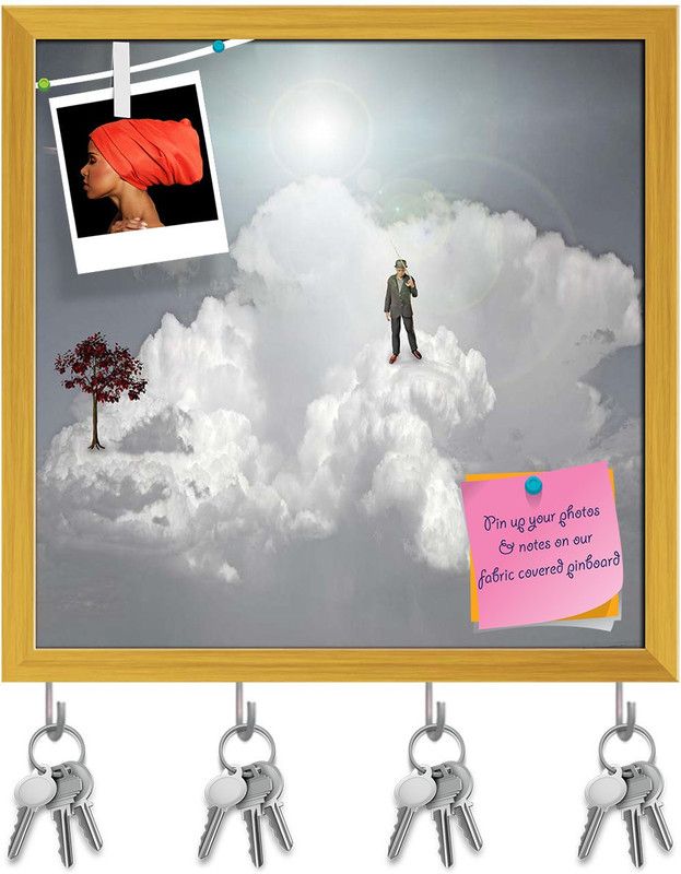 Artzfolio Strange Scene In Clouds Pin Board with Key Holders Golden Frame 20x20inch Cork Bulletin Board  (Multicolor 20 x 20 inch (51 x 51 cms))