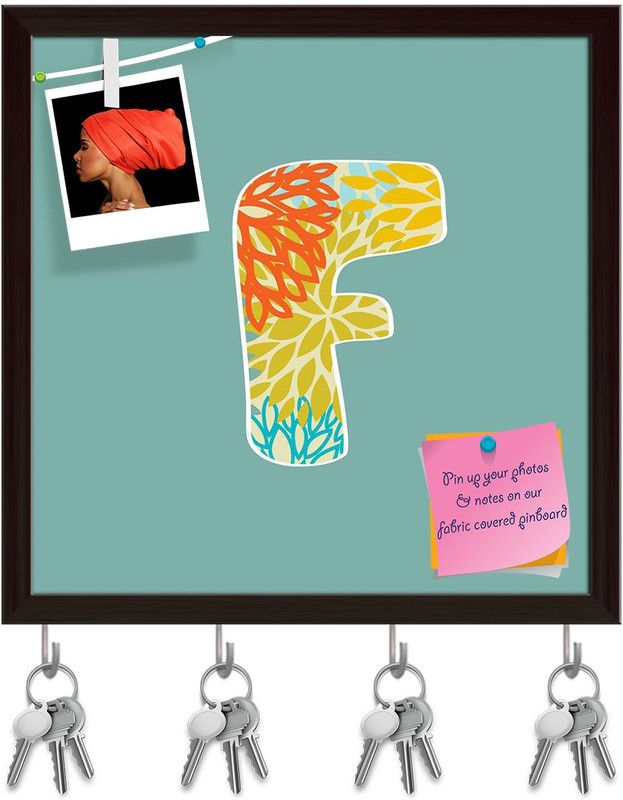 Artzfolio Floral Letter F Pinboard with Key Holder Hooks Dark Brown Frame 16x16inch Cork Bulletin Board  (Multicolor 16 x 16 inch (41 x 41 cms))