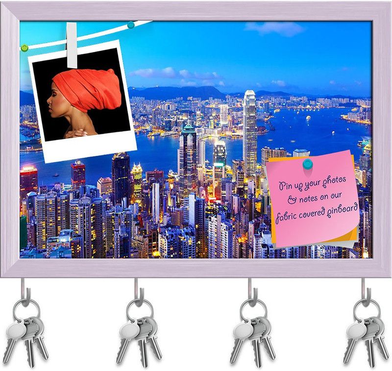 Artzfolio Hong Kong Skyline At Night Pinboard with Key Holders White Frame14.3x10inch Cork Bulletin Board  (Multicolor 14.3 x 10 inch (36 x 25 cms))
