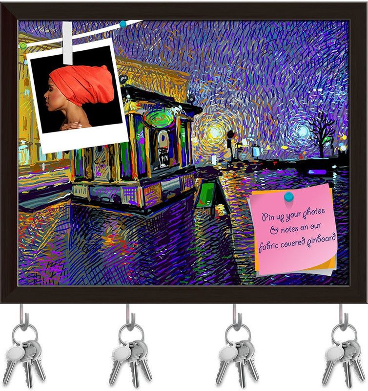 Artzfolio Artwork Of Night Kyiv City Pinboard with Key Holders Dark Brown Frame19.8x16inch Cork Bulletin Board  (Multicolor 19.8 x 16 inch (50 x 41 cms))