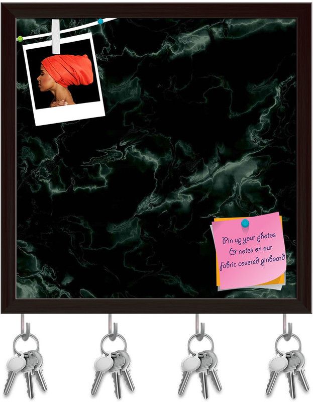 Artzfolio Green Pinboard with Key Holder Hooks Dark Brown Frame 8 x 8 inch (20 x 20 cms) Cork Bulletin Board  (Multicolor 8 x 8 inch (20 x 20 cms))