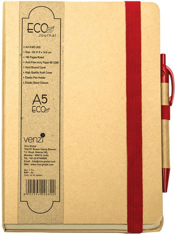 VIVA Eco Journal Notebook Includes Eco ball pen & Elastic Band Closure A5 Note Book Ruled 160 Pages  (Beige Red)