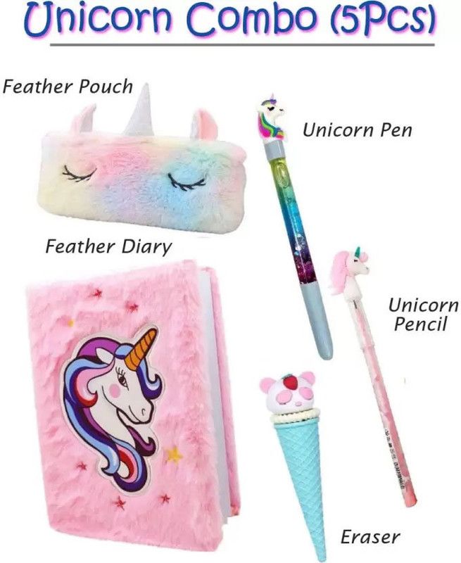 GAMLOID BEST GIFT Unicorn Fur Diary Fur Pouch Pen Pencil Ice Cream Eraser Regular Gift Set Ruled 80 Pages  (Multicolor, Pack of 5)