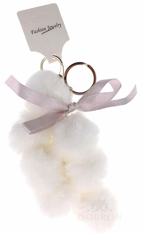 DORRON Stylish Cute Fluffy Faux Fur Small Pom Pom Grape Keychain & Keyring for Girl Car Key / Ladies Bag / Purse / Suit case (White Color) Key Chain