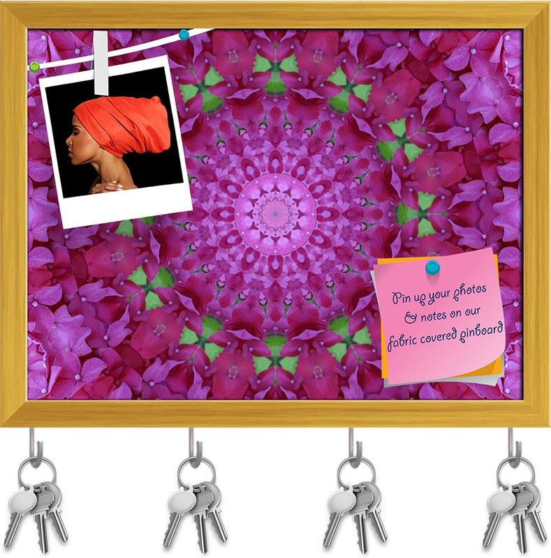 Artzfolio Pink Mandala Pinboard with Key Holder Hooks Golden Frame 13x10inch (33x25cms) Cork Bulletin Board  (Multicolor 13 x 10 inch (33 x 25 cms))