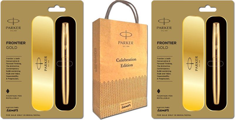 PARKER FRONTIER GOLD FOUNTAIN PEN GOLD TRIM With Gift Bag Fountain Pen  (Pack of 2, Blue)