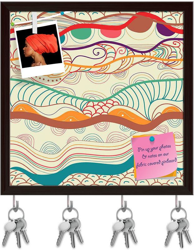Artzfolio Waves Drawing Pinboard with Key Holder Hooks Dark Brown Frame 8x8inch (20x20cms) Cork Bulletin Board  (Multicolor 8 x 8 inch (20 x 20 cms))