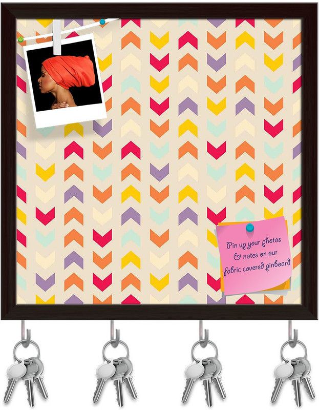 Artzfolio Zigzag Stripes Pinboard with Key Holder Hooks Dark Brown Frame 8x8inch Cork Bulletin Board  (Multicolor 8 x 8 inch (20 x 20 cms))