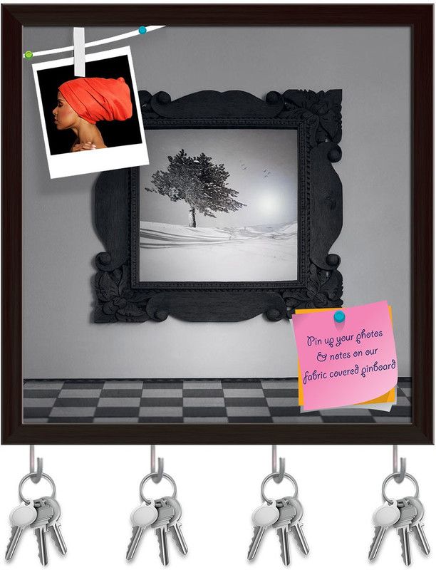Artzfolio Tree On The Snow Pinboard with Key Holder Hooks Dark Brown Frame 10x10.2inch Cork Bulletin Board  (Multicolor 10 x 10.2 inch (25 x 26 cms))