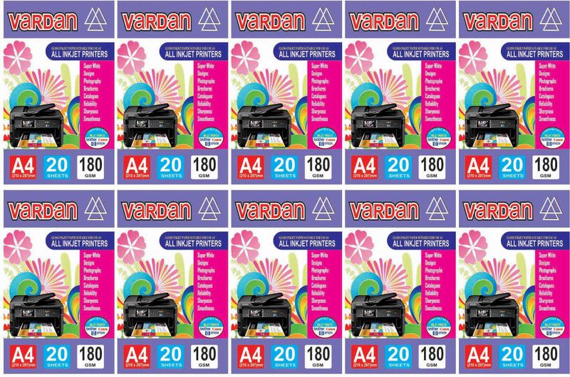 Vardan VR 20X180 Unruled a4 180 gsm Inkjet Paper  (Set of 10, White)